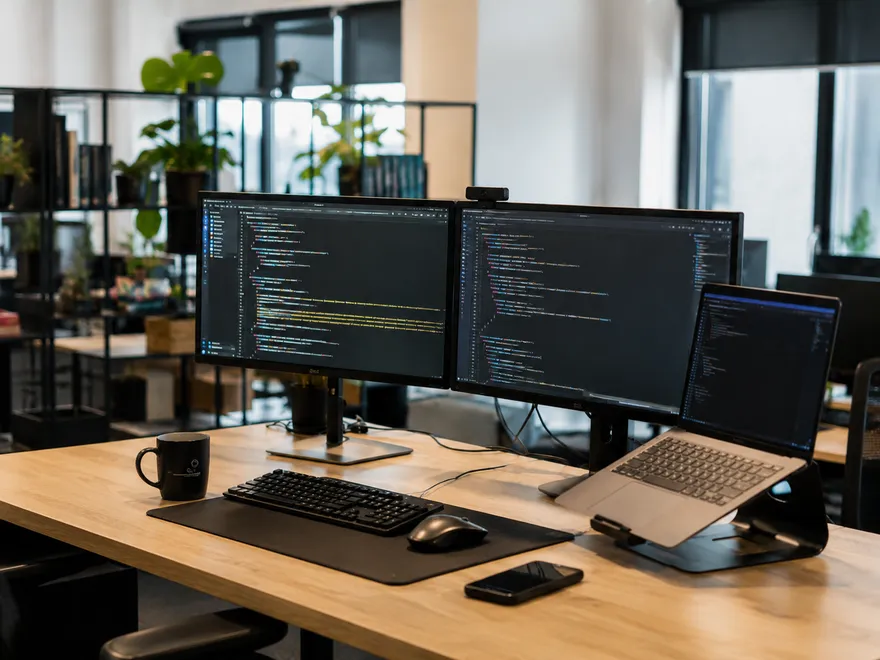 Werkplek met twee schermen waarop code staat