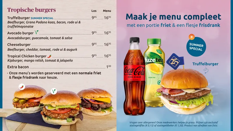 Menuscherm bij de horeca met burgers, losse en menuprijzen, en rechts een aanbieding om het menu compleet te maken