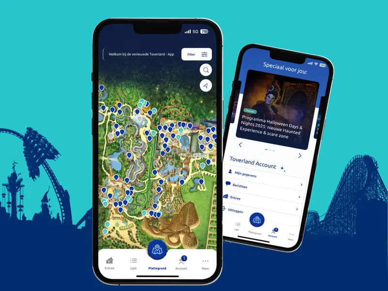 Twee telefoons met de Toverland-app: links de plattegrond, rechts het menu Toverland Account met mijn gegevens, berichten en entree