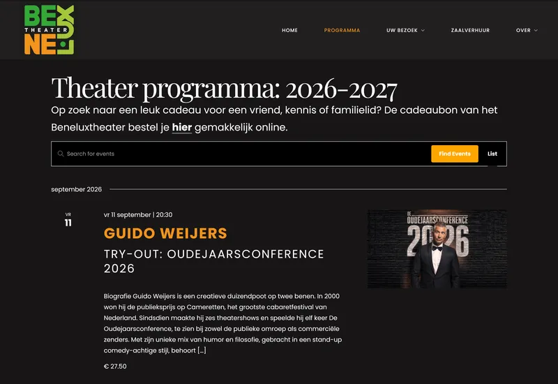 Programmapagina van het Beneluxtheater met voorstellingen