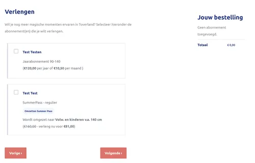 Verlengscherm met de abonnementen op het account, een Summer Pass die wordt omgezet en het besteloverzicht ernaast