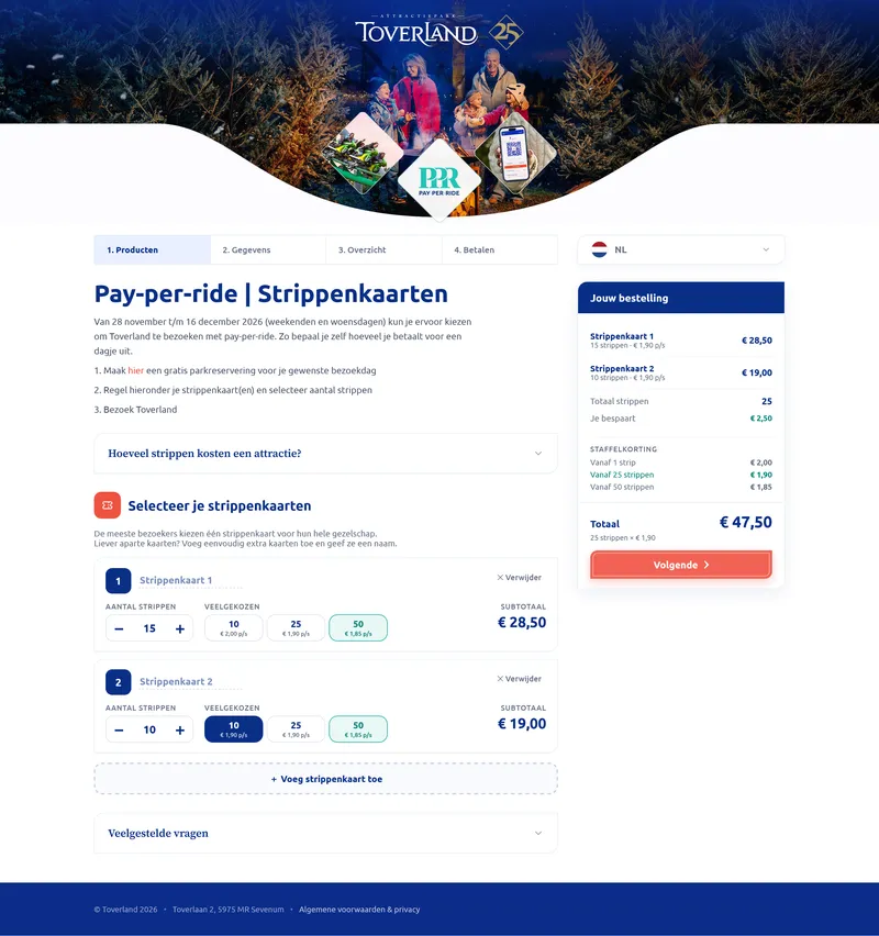 Bestelpagina van Toverland Pay-per-ride met twee strippenkaarten, staffelkorting en het totaalbedrag in de bestelling