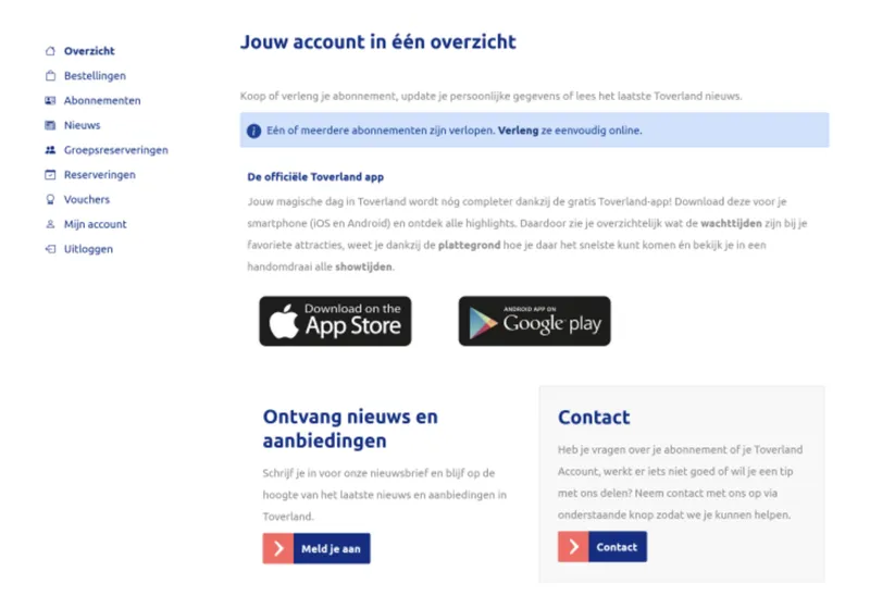 Overzichtspagina van het Toverland Account met menu voor bestellingen, abonnementen, reserveringen en vouchers